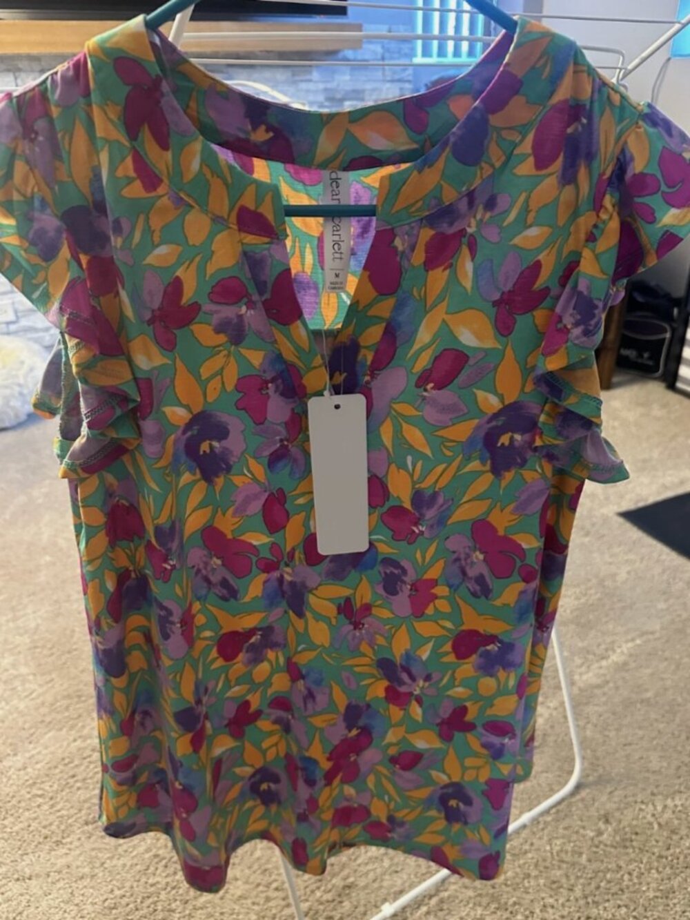 NWT Ladies Dear Scarlett Lizzy Sleeveless Ruffle Top- Green Floral- Medium